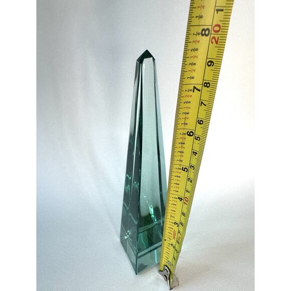 Solid Glass Obelisk Crystal Sculpture Aqua Green 7.5” Tall Sacred Geometry - Picture 4 of 11